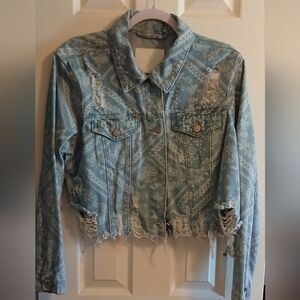 Light Blue Bandana Print Distressed Denim Jacket - Women